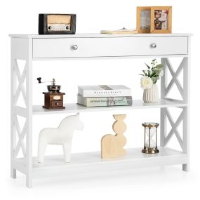 Mesa auxiliar con 1 cajón y 2 repisas diseño en X blanco 100 x 30 x 80 cm