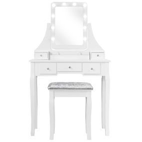 Set tocador con espejo rectangular y taburete, mesa para maquillarse, 10 bombillas LED, blanco, 80 x 40 x 135,5 cm