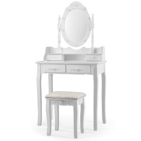 Set tocador con espejo ovalado y 10 bombillas LED patas de madera de pino blanco 75 x 40 x 146 cm