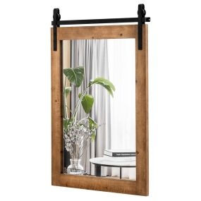 Espejo de pared con marco de madera y soporte de metal estilo puerta de granero 76,5 x 56 cm marrón