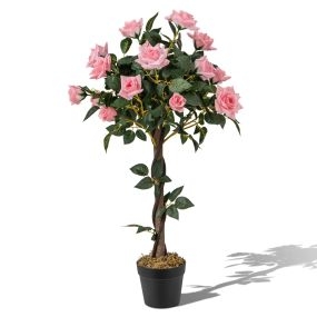93 cm Árbol de Flores Artificial Planta Floral Falsa con Rosas Tronco de Madera Decoración Interior y Exterior de Oficina y Entrada Rosa