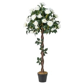 Planta artificial de rosa blanca con maceta de cemento y madera, 120 cm