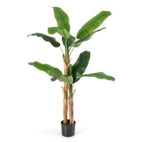 Plátano artificial 165 cm alto con 10 hojas grandes, tallos dobles y corteza natural en maceta