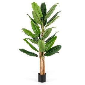 Plátano artificial 195 cm con 27 hojas grandes, tallos triples, corteza natural, verde en maceta
