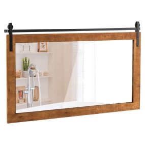 Espejo de pared estilo granja 100x66 cm rectangular con marco de madera maciza y soporte metálico marrón
