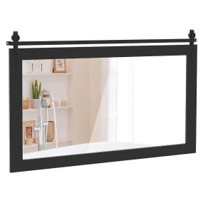 Espejo de pared estilo granja 100x66 cm rectangular con marco de madera maciza y soporte metálico negro