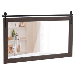 Espejo de pared estilo granja 100x66 cm rectangular con marco de madera maciza color nuez y soporte metálico