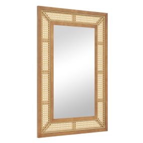 Espejo de pared de ratán rectangular bohemio con marco de madera 90 x 60 cm