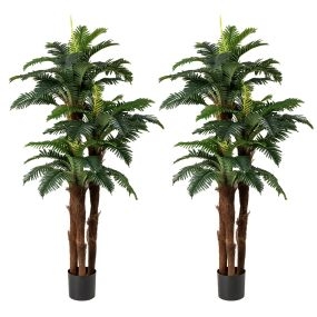 Lote de 2 palmeras artificiales de 191 cm con 48 hojas, 3 troncos y maceta con cemento verde