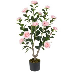 Árbol artificial de camelia 90 cm en maceta rosa para decoración del hogar y salón