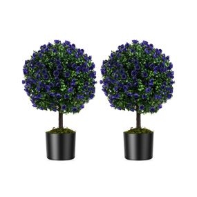 Juego de 2 árboles artificiales de rosa púrpura en bola topiaria con maceta de cemento 55 cm