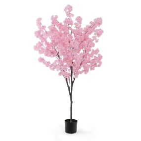 Flor de Cerezo Artificial de 190 CM con 900 Flores Rosas Tronco de PE y Base de Cemento No Requiere Montaje Planta Floral Falsa en Maceta
