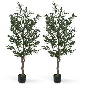 Set 2 olivos artificiales 150 cm con frutos, musgo, tronco robusto, base estable, verde y negro