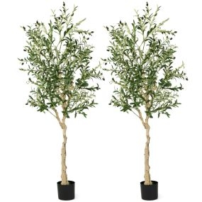 Juego de 2 olivos artificiales 180 cm con maceta de plástico, 1296 hojas y 72 frutos verdes
