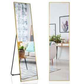 Espejo rectangular 160x40 cm de pie o pared con cristal inastillable y marco de aluminio oro