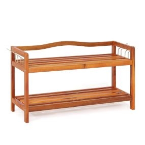 Estantería zapatera de madera de acacia con 2 niveles y 4 ganchos metálicos laterales 74 x 26 x 42 cm marrón