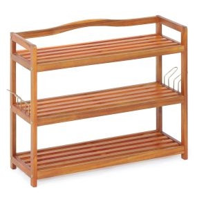 Zapatero de madera de acacia 3 niveles para 8-12 pares con 4 ganchos laterales marrón