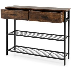 Mesa consola de 100 cm con 2 cajones y 2 estantes de metal marrón