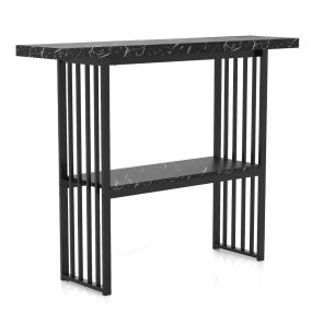 Mesa consola de 2 niveles de mármol de imitación con marco de acero dorado 120 x 29,5 x 92,5 cm negro