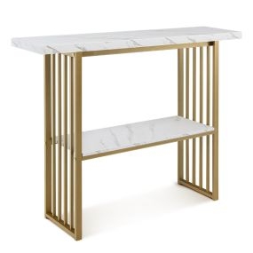 Mesa consola de 2 niveles de mármol de imitación con marco de acero dorado 120 x 29,5 x 92,5 cm blanco