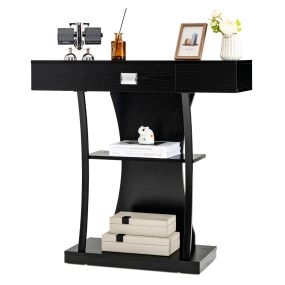 Mesa consola en T con cajón y estantes, recibidor moderna, 91 x 30 x 88 cm, negro