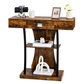 Mesa consola en T con cajón y estantes antivuelco 91 x 30 x 88 cm marrón