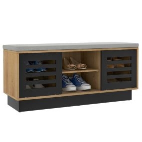 Banco zapatero con 6 compartimentos, 3 estantes y 2 puertas, 99,5 x 34,5 x 46 cm, natural