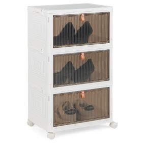 Caja para zapatos plegable de 3 niveles con puertas magnéticas transparentes y ruedas bloqueables blanco 40 x 27,5 x 64 cm