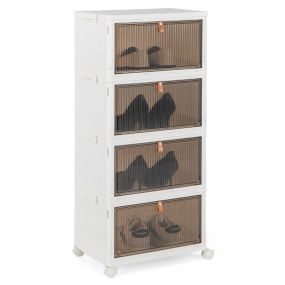 Caja para zapatos plegable de 4 niveles con puertas magnéticas transparentes y ruedas bloqueables 40 x 27,5 x 83,5 cm blanco