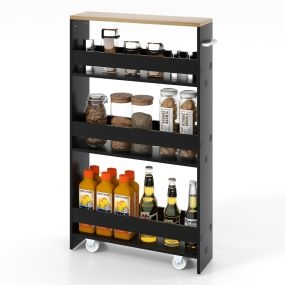 Carro de almacenamiento estrecho con 4 estantes y ruedas negro y natural 48 x 13 x 81 cm