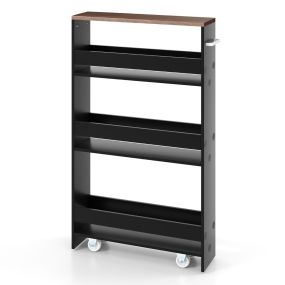 Carro de almacenamiento estrecho con 4 estantes y ruedas 48 x 13 x 81 cm negro y marrón