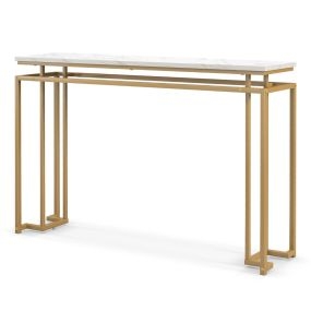 Mesa Consola Moderna con Superficie de Mármol Artificial y Estructura de Metal Geométrica para Entrada y Pasillo 30 x 120 x 80,5 cm Dorada