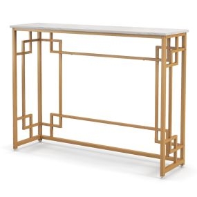 Mesa consola estrecha con tapa de mármol y dispositivo antivuelco 110 x 30 x 81 cm blanco