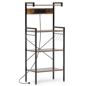 Estante de cocina para panadería con enchufes, soporte para microondas, 4 niveles, 8 ganchos, marrón
