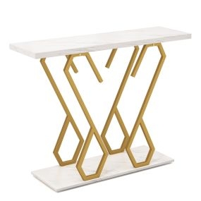 Mesa consola moderna de mármol artificial y metal 100 x 30 x 79 cm blanco