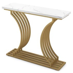 Mesa consola moderna de 100 cm con tablero de mármol sintético y patas de metal geométricas dorado
