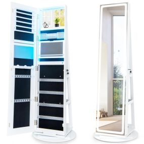 Armario para joyas de pie con espejo, base giratoria 360°, luces LED, cerradura, blanco