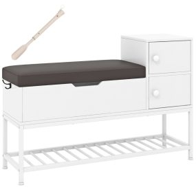 Banco para entrada para zapatos con caja abatible, 2 puertas, cojín de asiento de PVC, gancho lateral y calzador retráctil blanco