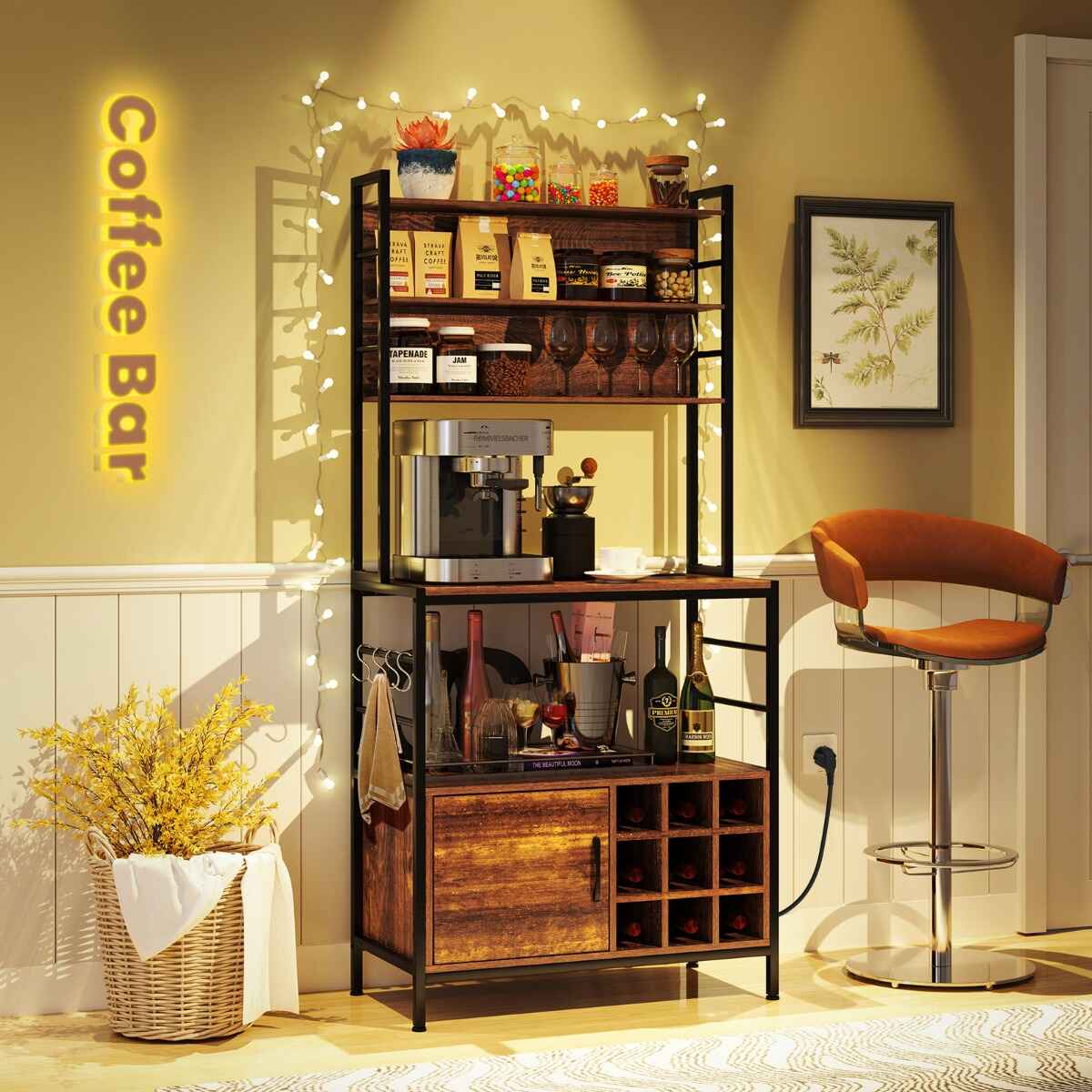 Estante de cocina con salida de energía, gabinete para bar, ganchos y soportes para botellas de vino, 80 x 40 x 170 cm, marrón