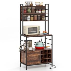 Estante de cocina con salida de energía, gabinete para bar, ganchos y soportes para botellas de vino, 80 x 40 x 170 cm, marrón