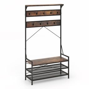 Banco para zapatos con estante y 11 ganchos de metal industrial marrón 102 x 40 x 184 cm