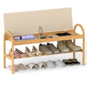 Banco de bambú para zapatos con almacenamiento, tapa abatible acolchada, compartimento oculto y pasamanos beige
