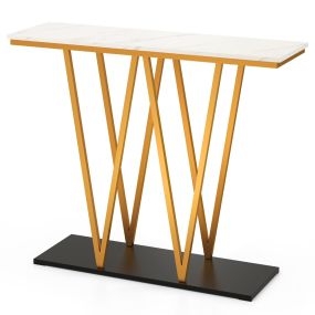 Mesa consola moderna dorada de 100 cm con superficie de mármol artificial y marco metálico blanco
