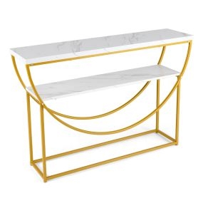Mesa consola de 2 niveles con tablero de imitación mármol blanca para entrada y pasillo