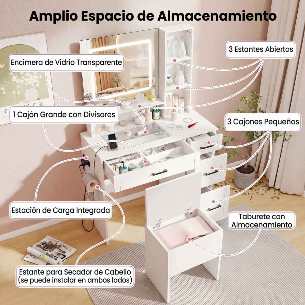 Mesa de maquillaje con espejo, luces, taburete, almacenamiento, enchufes, tapa de cristal, blanco