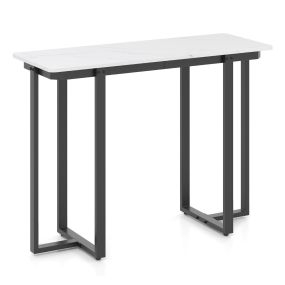 Mesa consola moderna de mármol artificial con marco geométrico de metal negro para pasillo y sala de estar