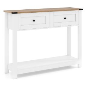 Mesa consola blanca con 2 cajones y estante abierto, kit antivuelco, estrecha para recibidor y pasillo