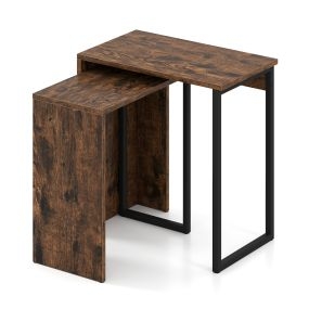 Juego de 2 mesas de café 2 en 1 con tapa de imitación de madera y marco metálico marrón