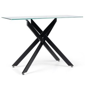 Mesa consola de cristal con tablero templado y patas de metal negro para salón o entrada