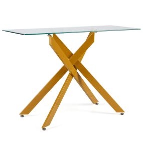 Mesa consola de cristal con tablero templado y patas de metal color oro para salón o entrada